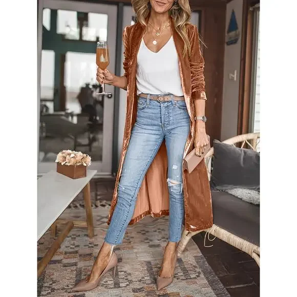 Velvet Open Front Long Cardigan in Green - Picture 5 of 6